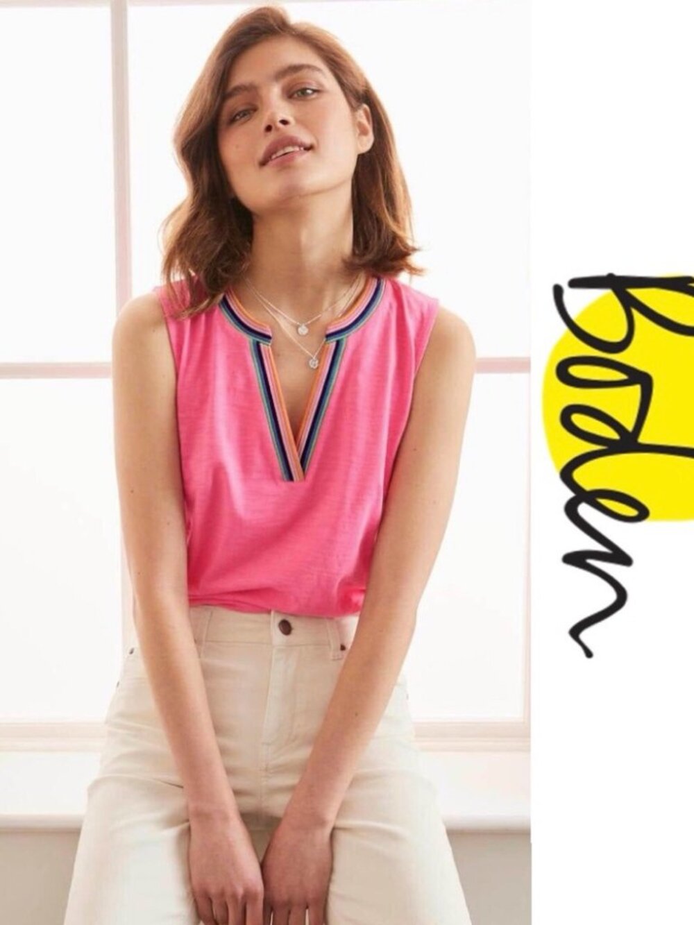 BODEN Emma Embroidered Jersey Tank Top Womens 2 Pink Sleeveless V-Neck Stripe